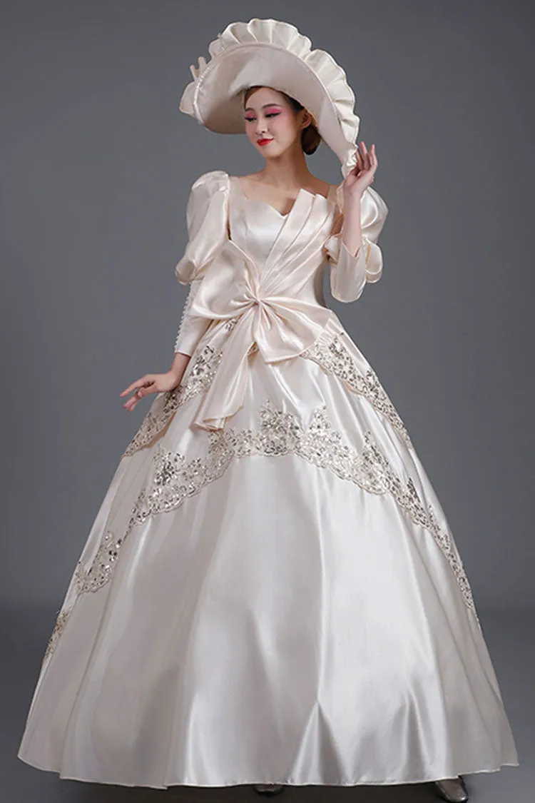 Champagne Half Sleeves Asymmetric Big Bowknot High Waisted Hollow Embroidery Print Victorian Lolita Prom Dress