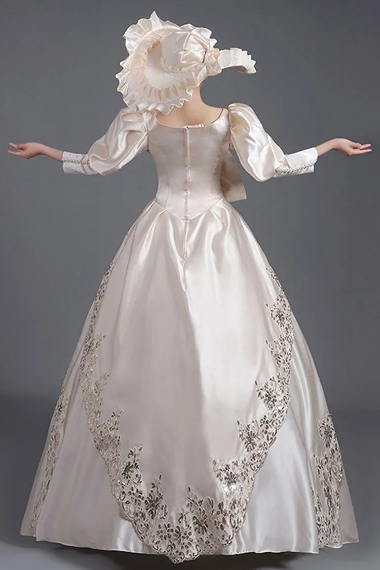 Champagne Half Sleeves Asymmetric Big Bowknot High Waisted Hollow Embroidery Print Victorian Lolita Prom Dress