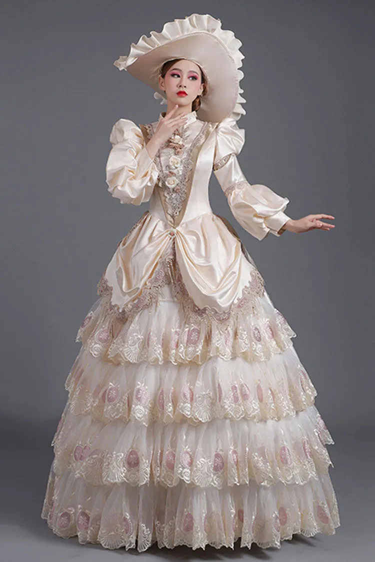 Champagne Lantern Sleeves High Waisted Three Dimensional Flower Print Victorian Lolita Prom Tiered Dress