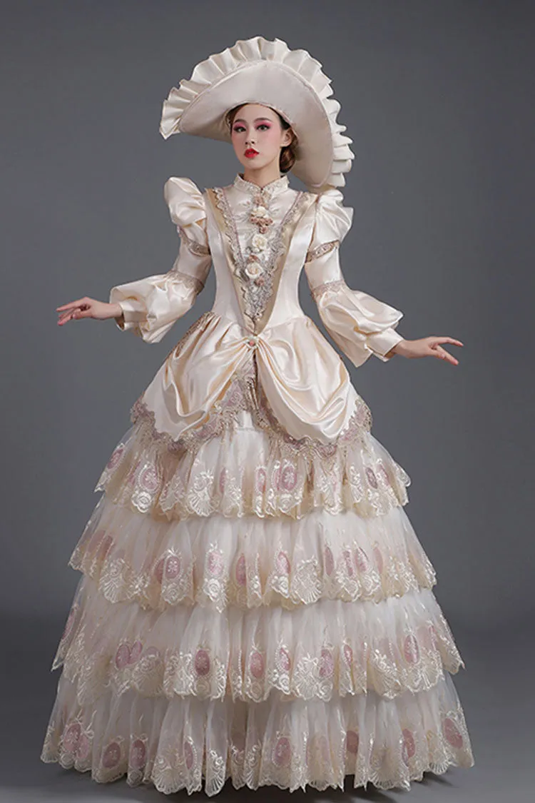 Champagne Lantern Sleeves High Waisted Three Dimensional Flower Print Victorian Lolita Prom Tiered Dress