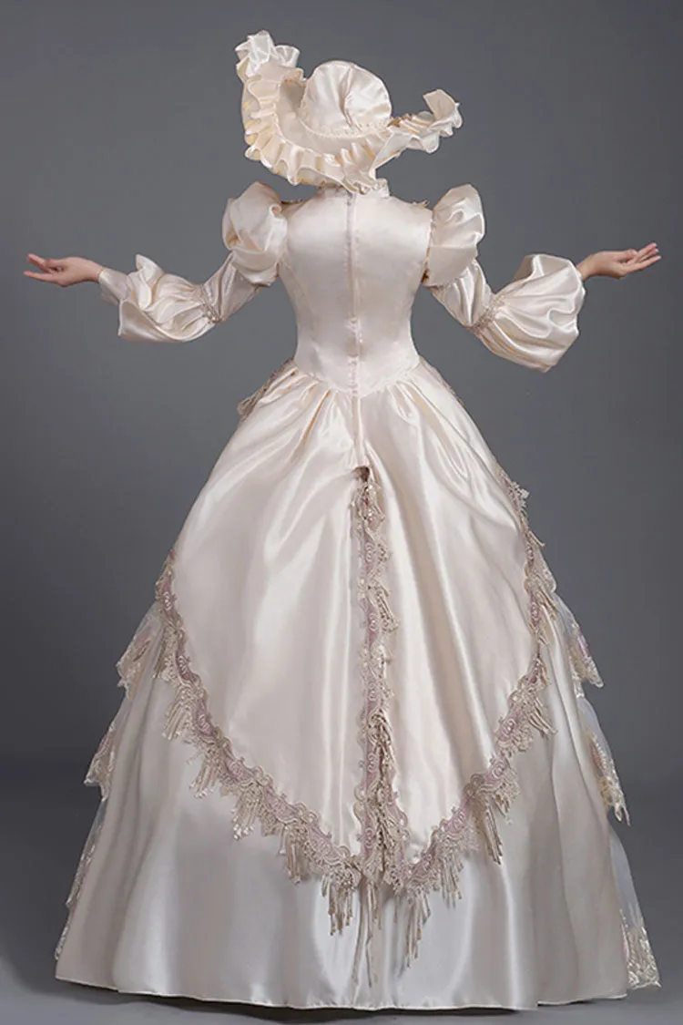 Champagne Lantern Sleeves High Waisted Three Dimensional Flower Print Victorian Lolita Prom Tiered Dress