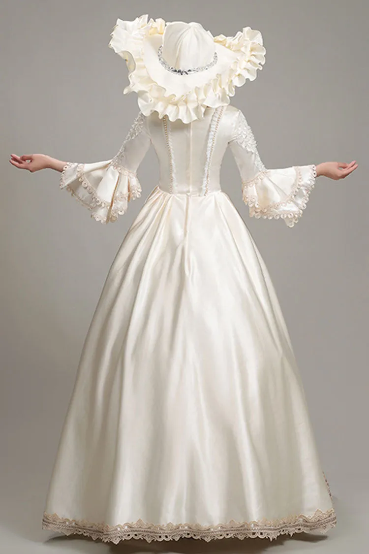 Champagne Multi-Layer Half Trumpet Sleeves High Waisted Bowknot Embroidery Floral Print Victorian Lolita Dress