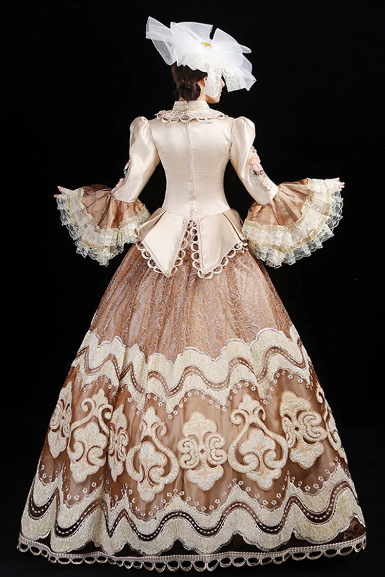 Champagne Multi-Layer Hime Sleeves High Waisted Hollow Embroidery Three-Dimensional Flower Print Victorian Lolita Prom Dress
