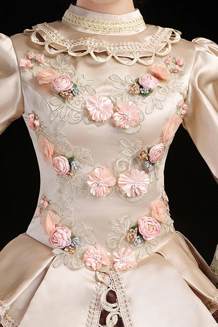 Champagne Multi-Layer Hime Sleeves High Waisted Hollow Embroidery Three-Dimensional Flower Print Victorian Lolita Prom Dress