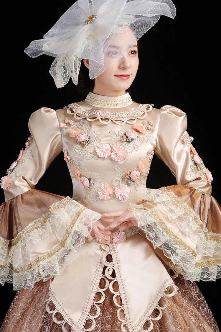 Champagne Multi-Layer Hime Sleeves High Waisted Hollow Embroidery Three-Dimensional Flower Print Victorian Lolita Prom Dress