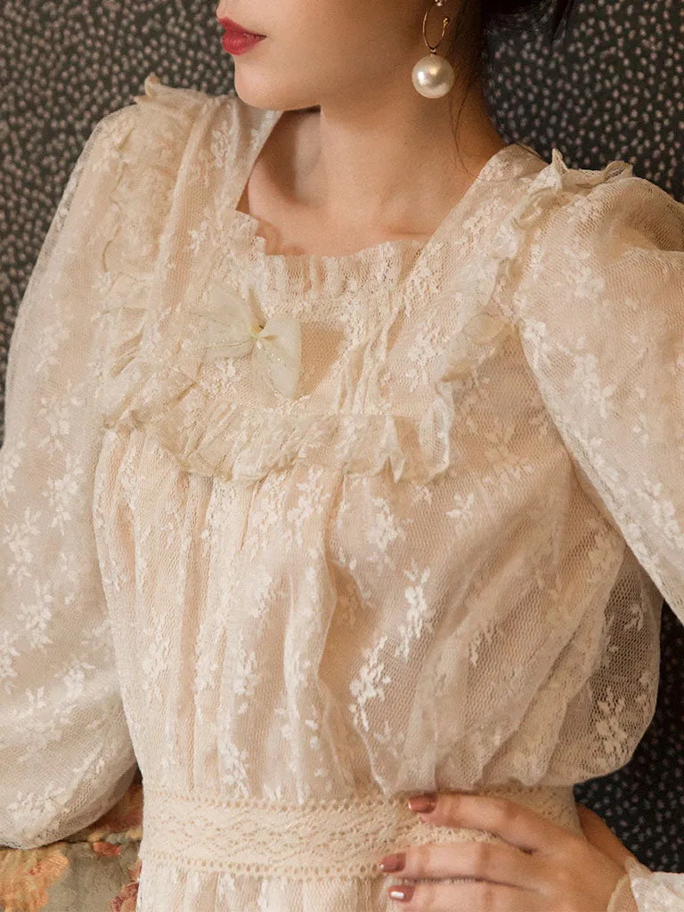 Champagne Ruffles Puff Sleeve Lace Vintage Victorian Dress