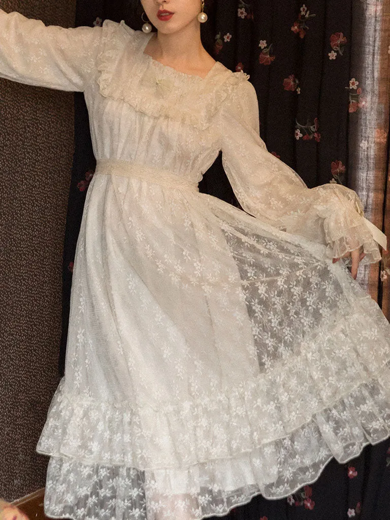 Champagne Ruffles Puff Sleeve Lace Vintage Victorian Dress