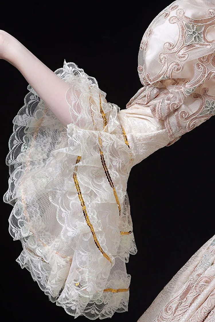 Champagne Trumpet Sleeves Lace Stitching High Waisted Hollow Embroidery Print Victorian Lolita Prom Dress