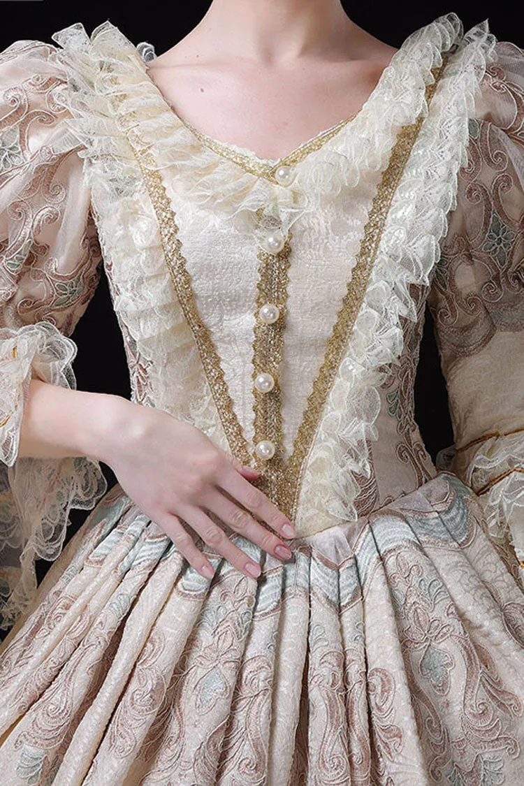 Champagne Trumpet Sleeves Lace Stitching High Waisted Hollow Embroidery Print Victorian Lolita Prom Dress