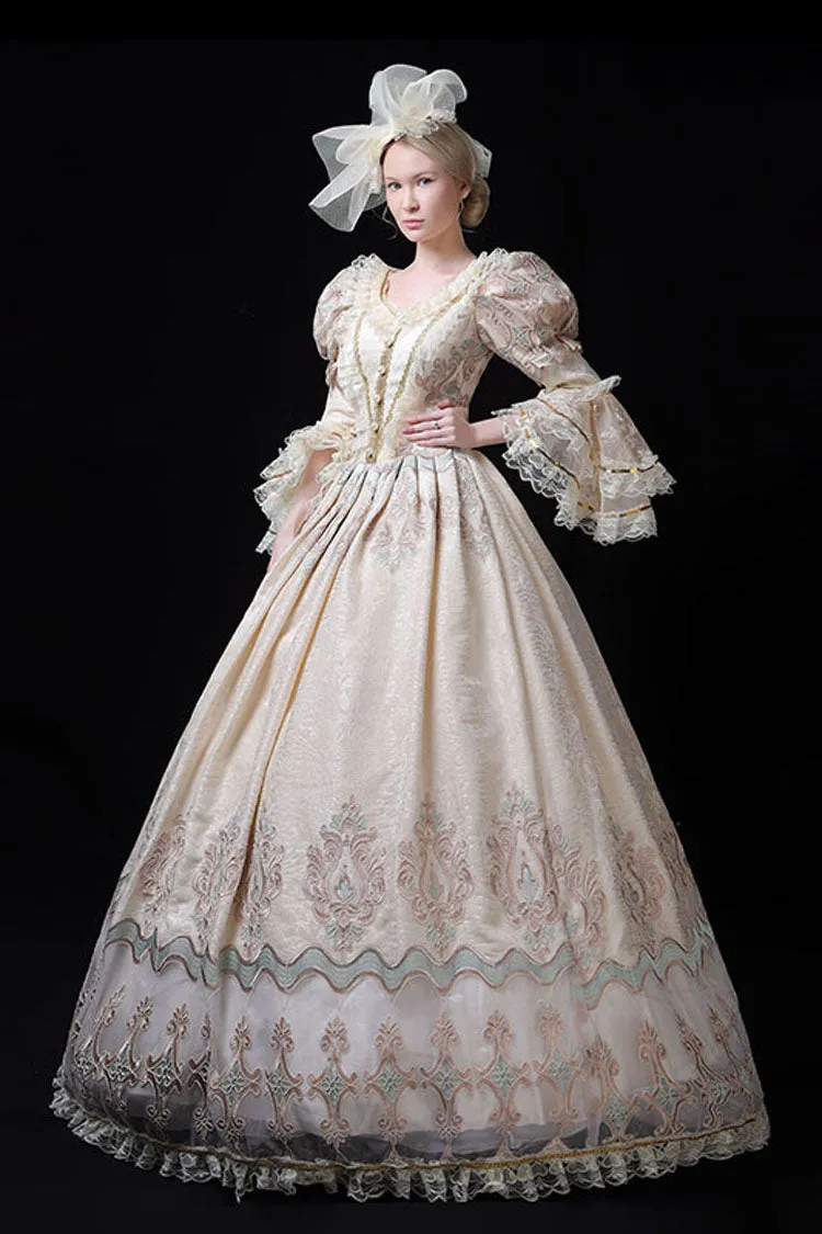 Champagne Trumpet Sleeves Lace Stitching High Waisted Hollow Embroidery Print Victorian Lolita Prom Dress