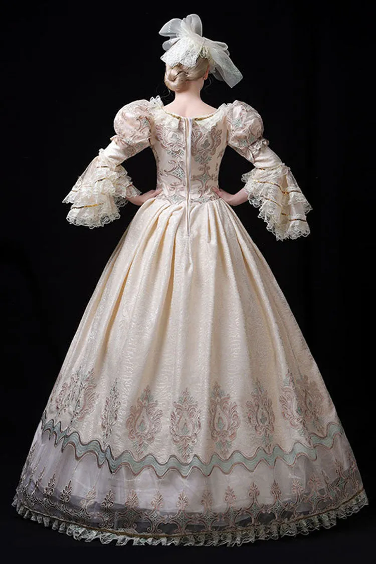 Champagne Trumpet Sleeves Lace Stitching High Waisted Hollow Embroidery Print Victorian Lolita Prom Dress