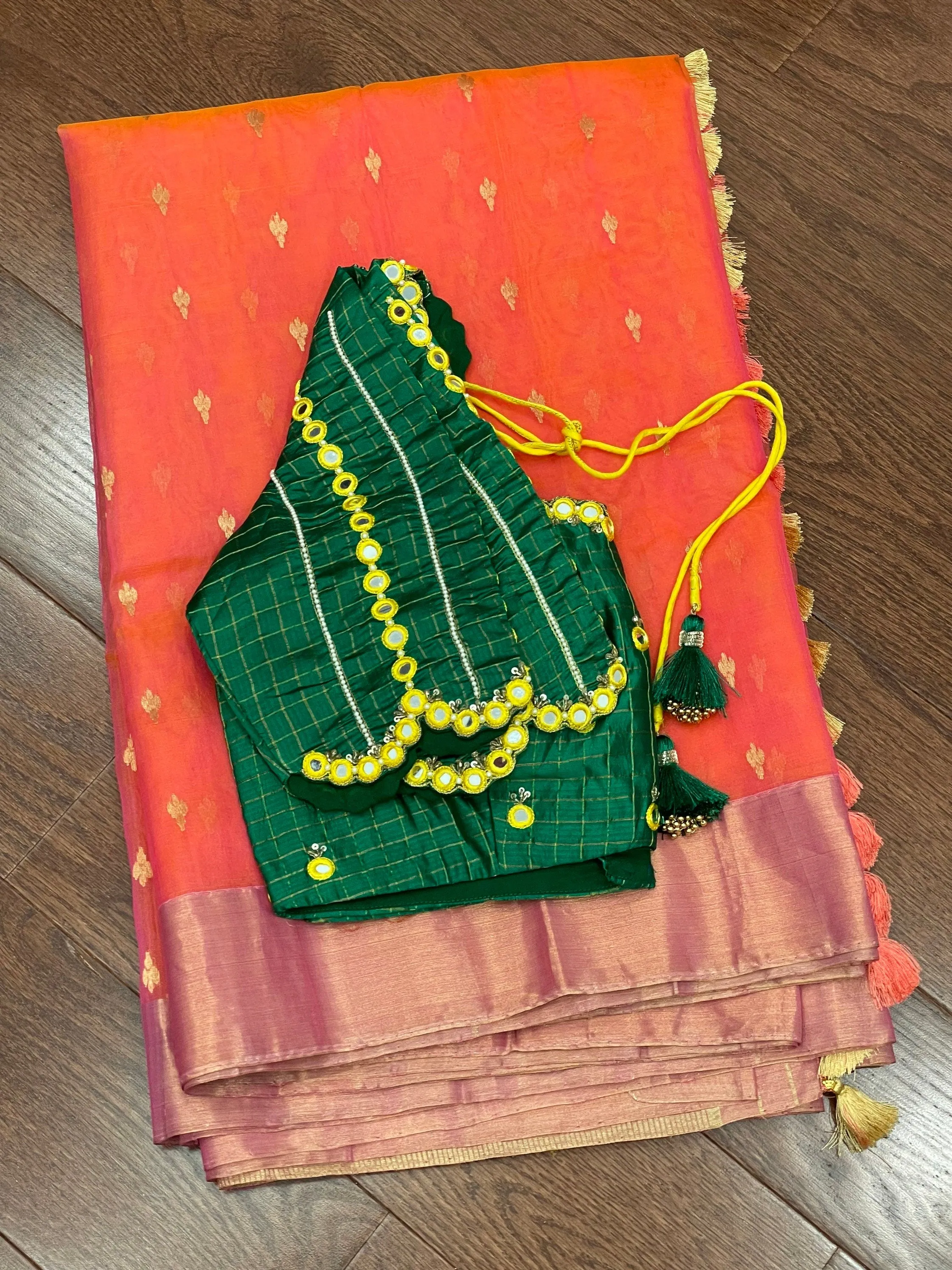 Chanderi silk saree Orange saree Green Blouse mirror work blouse hand work blouse lyte weight silk saree Ethnic saree festive saree