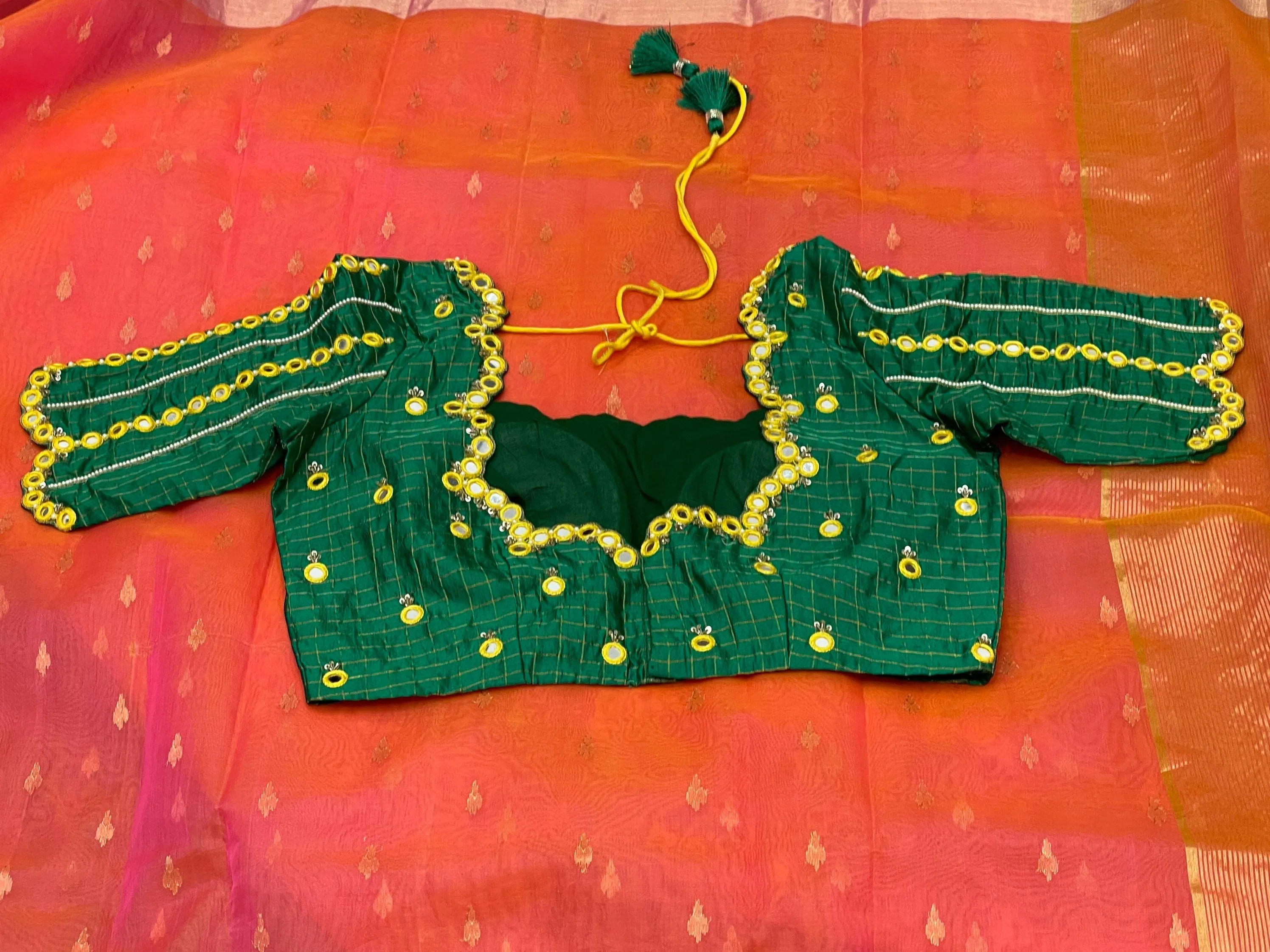 Chanderi silk saree Orange saree Green Blouse mirror work blouse hand work blouse lyte weight silk saree Ethnic saree festive saree