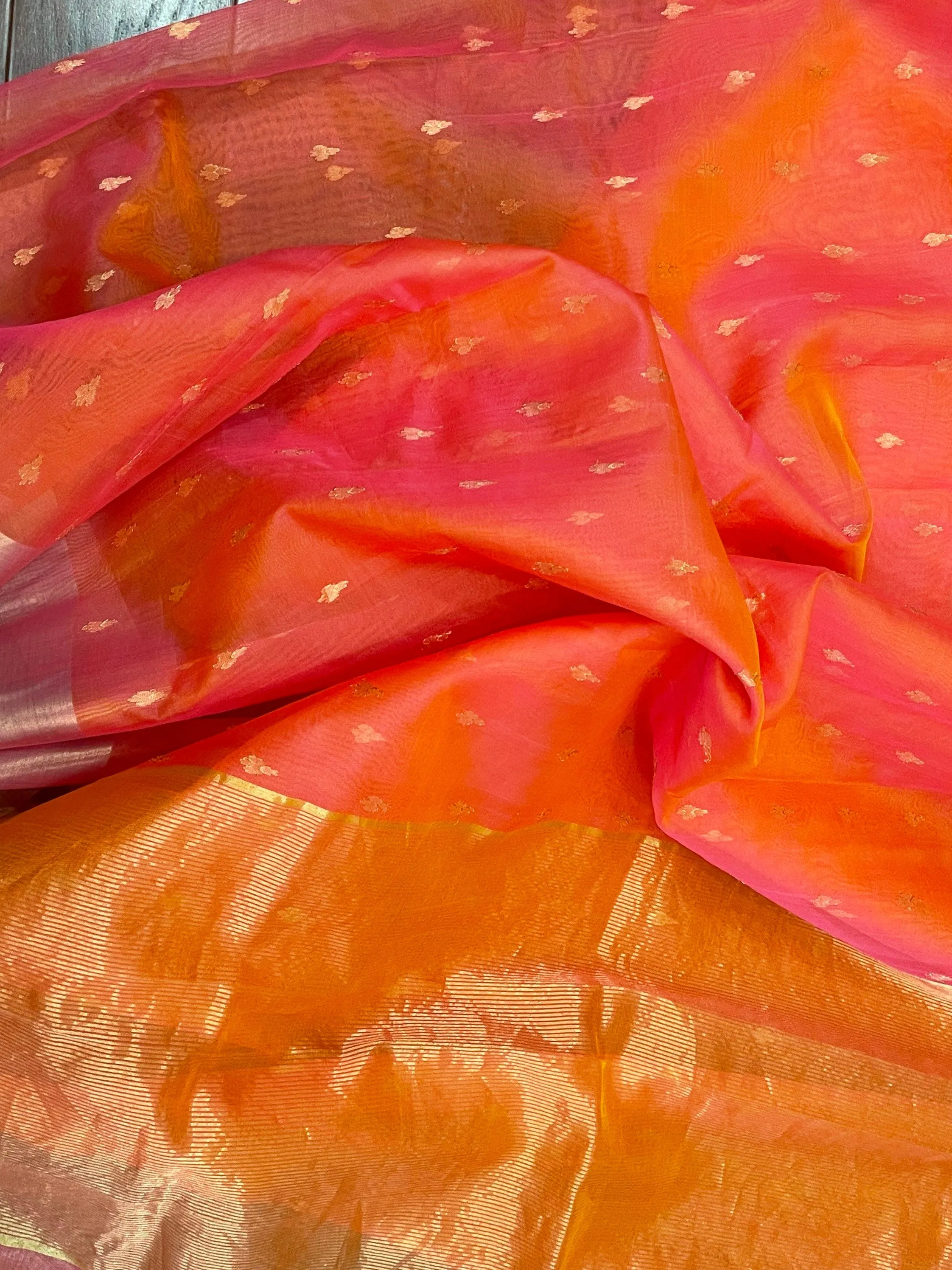 Chanderi silk saree Orange saree Green Blouse mirror work blouse hand work blouse lyte weight silk saree Ethnic saree festive saree