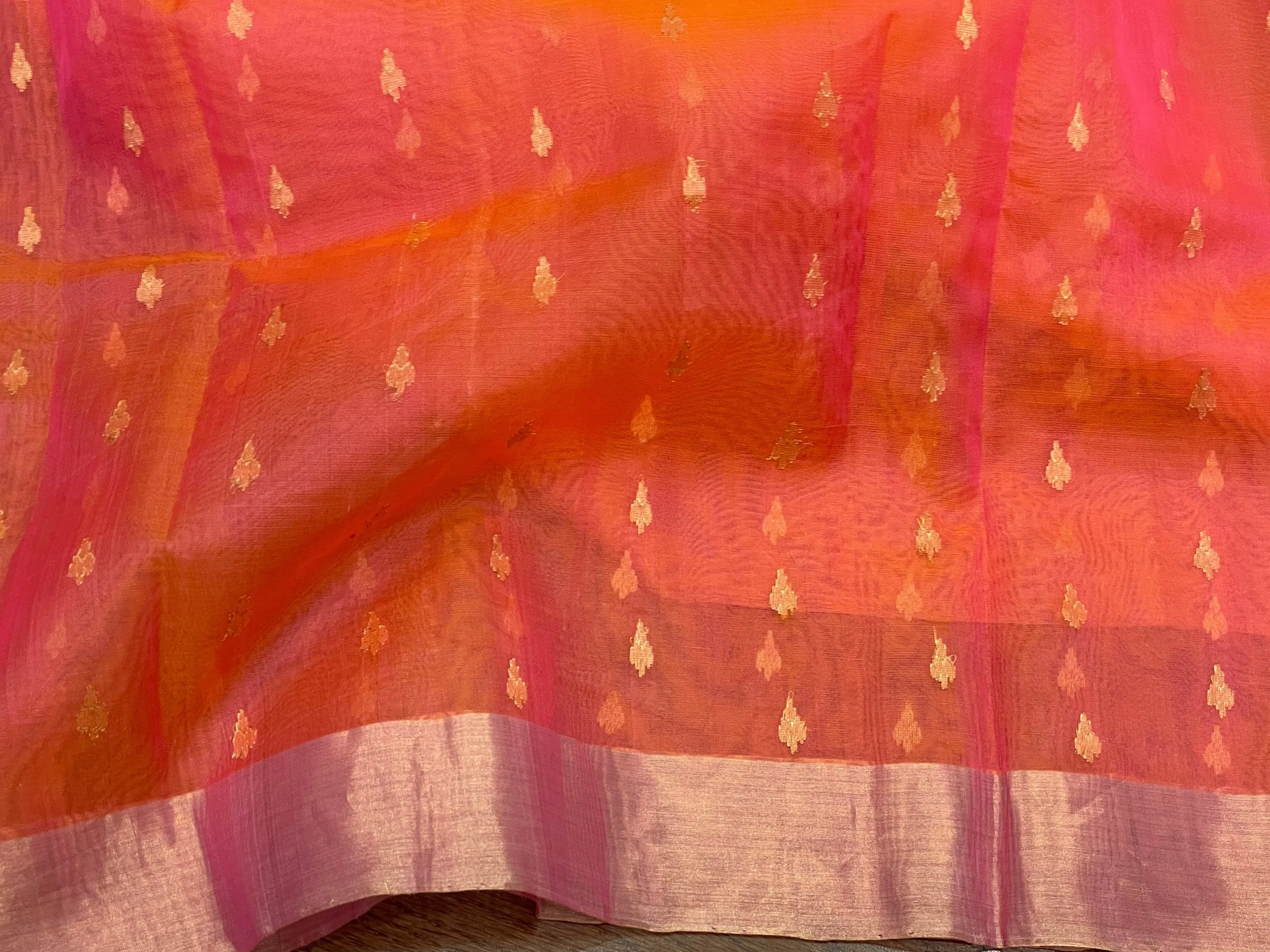 Chanderi silk saree Orange saree Green Blouse mirror work blouse hand work blouse lyte weight silk saree Ethnic saree festive saree