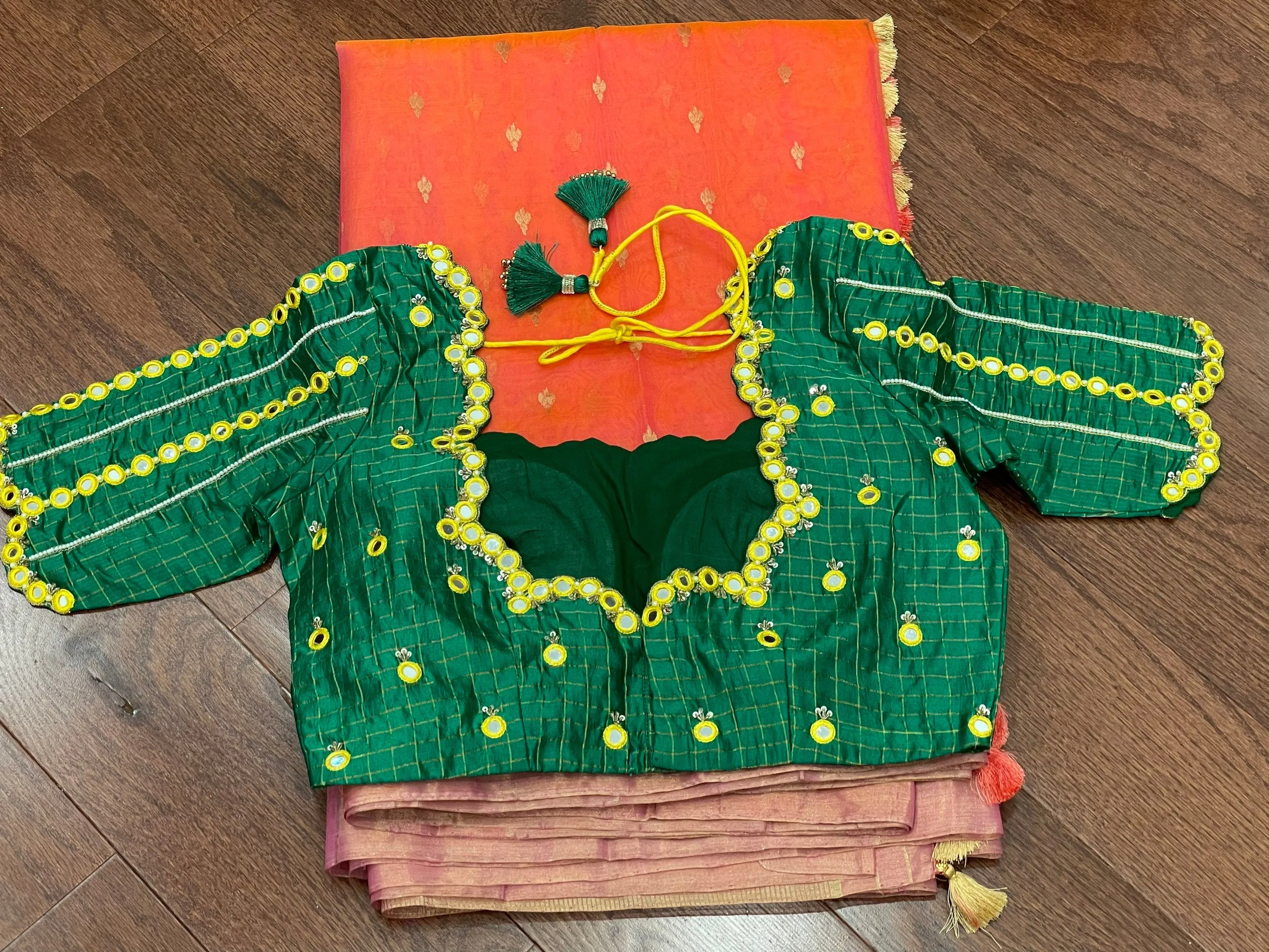 Chanderi silk saree Orange saree Green Blouse mirror work blouse hand work blouse lyte weight silk saree Ethnic saree festive saree