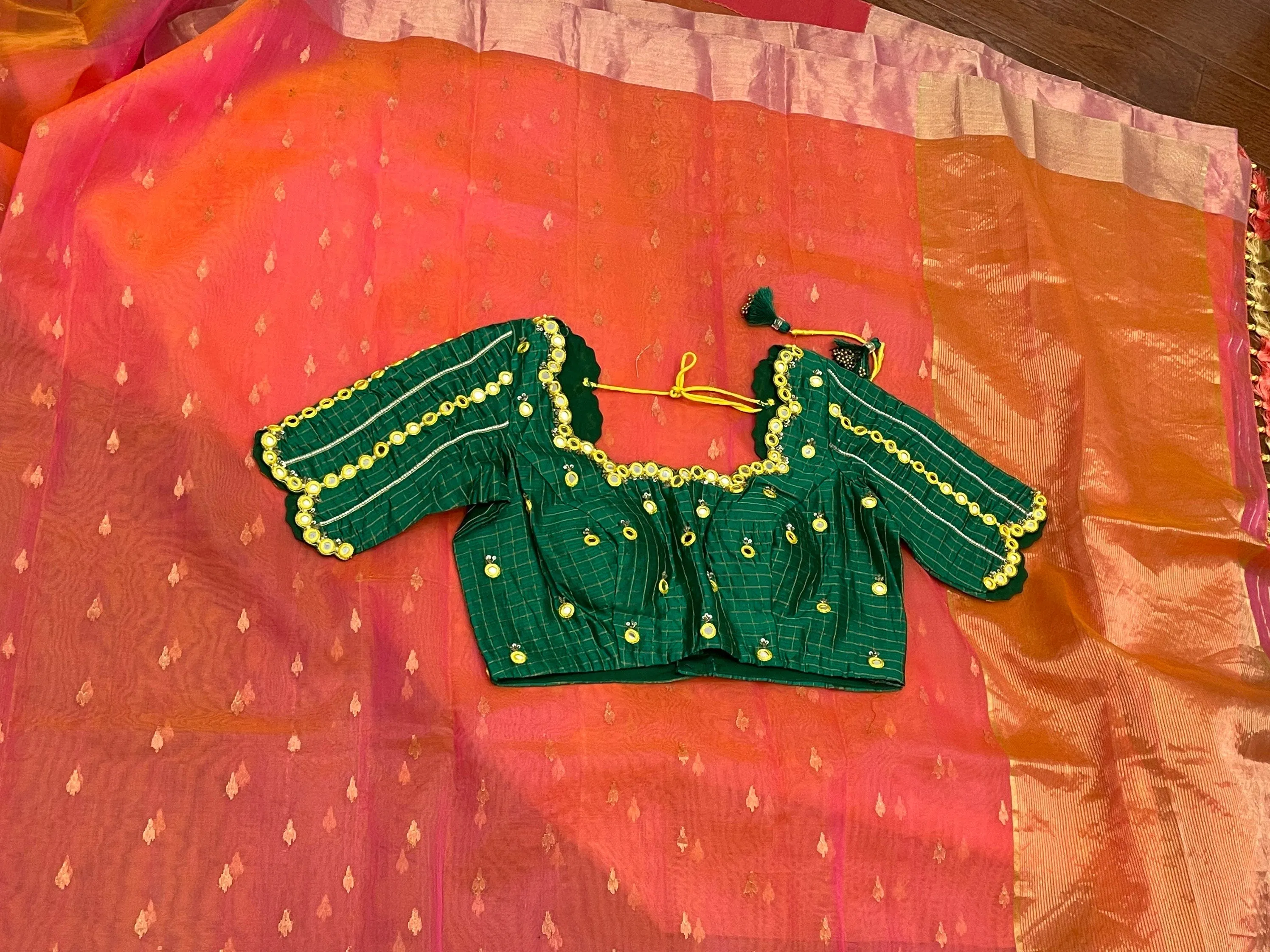 Chanderi silk saree Orange saree Green Blouse mirror work blouse hand work blouse lyte weight silk saree Ethnic saree festive saree