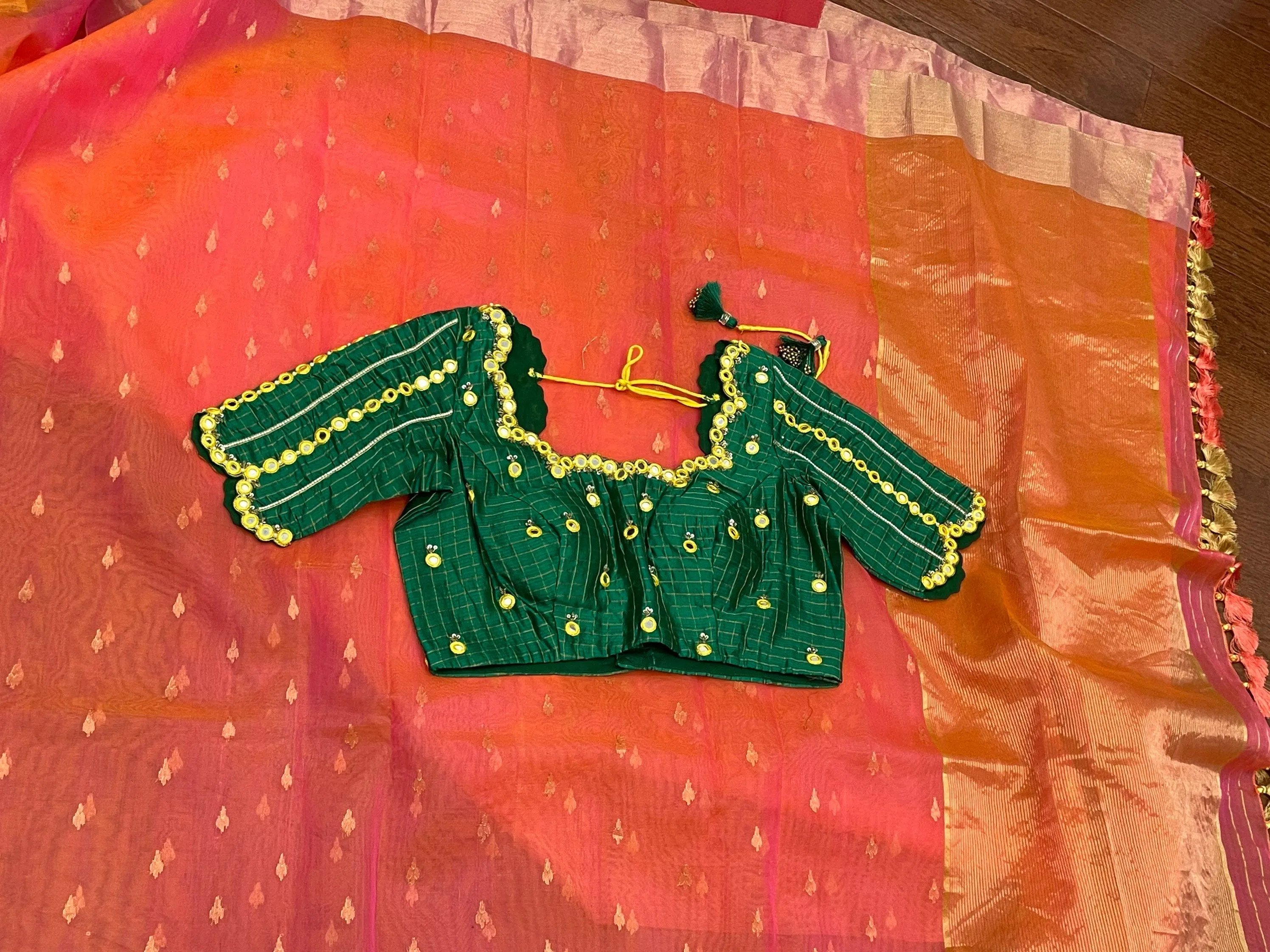 Chanderi silk saree Orange saree Green Blouse mirror work blouse hand work blouse lyte weight silk saree Ethnic saree festive saree