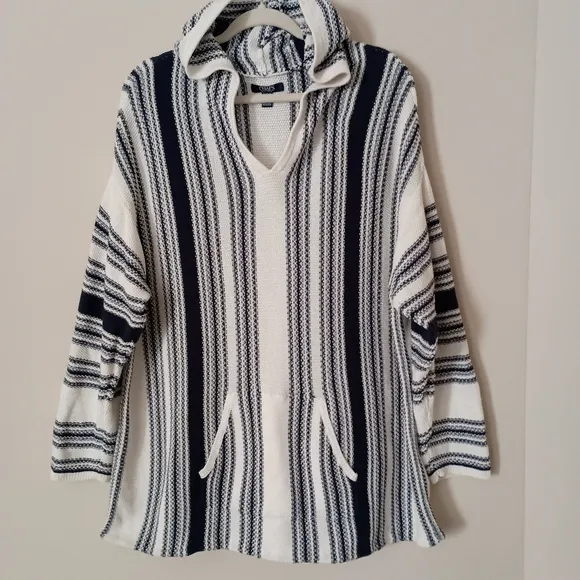 Chaps Nautical Baja Style Blue White Striped Sweater Hoodie Coastal  Fisherman