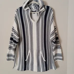 Chaps Nautical Baja Style Blue White Striped Sweater Hoodie Coastal  Fisherman