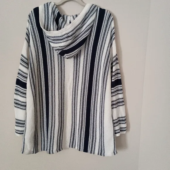Chaps Nautical Baja Style Blue White Striped Sweater Hoodie Coastal  Fisherman