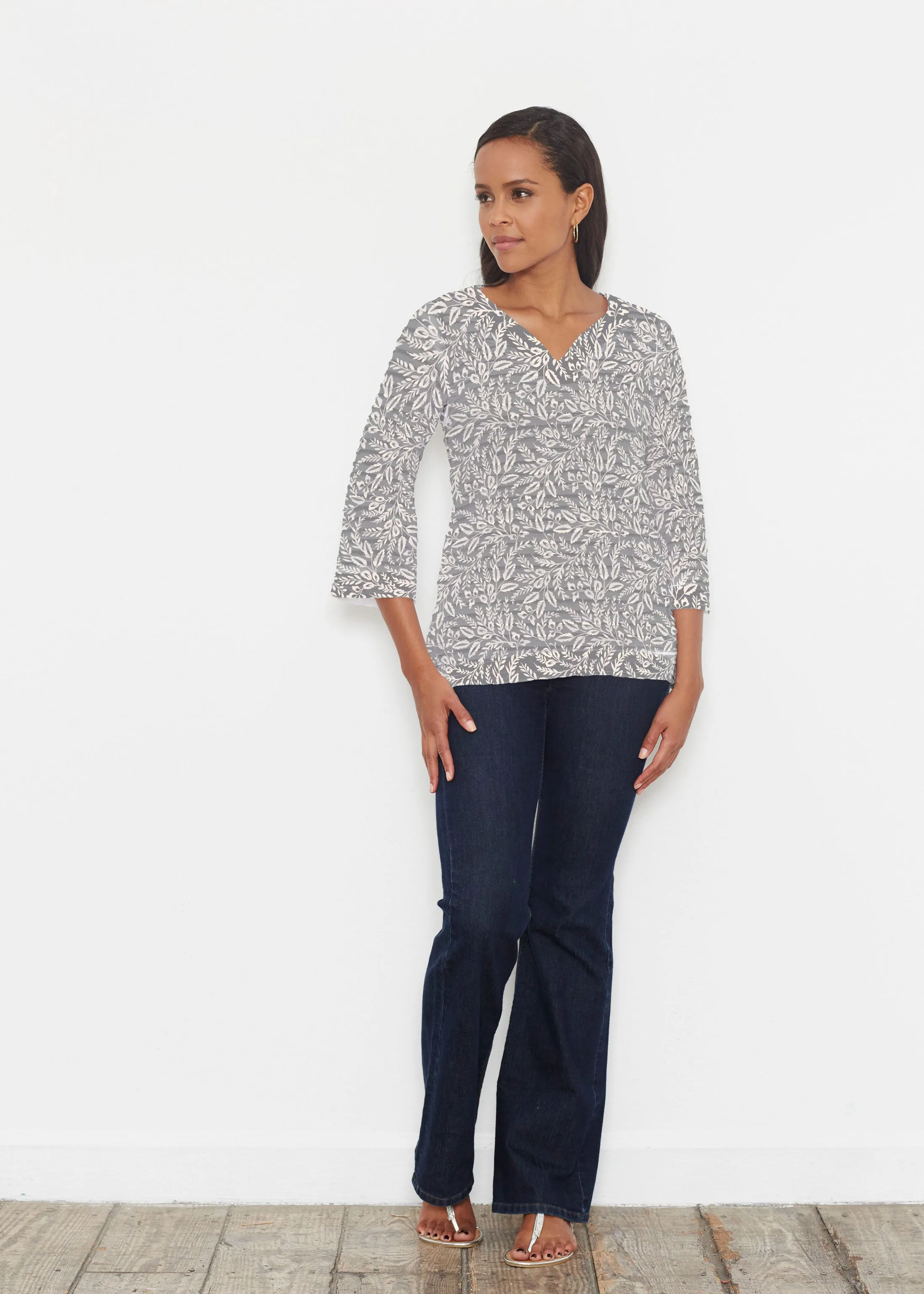 Chevron Vine (8017) ~ Banded 3/4 Bell-Sleeve V-Neck Tunic