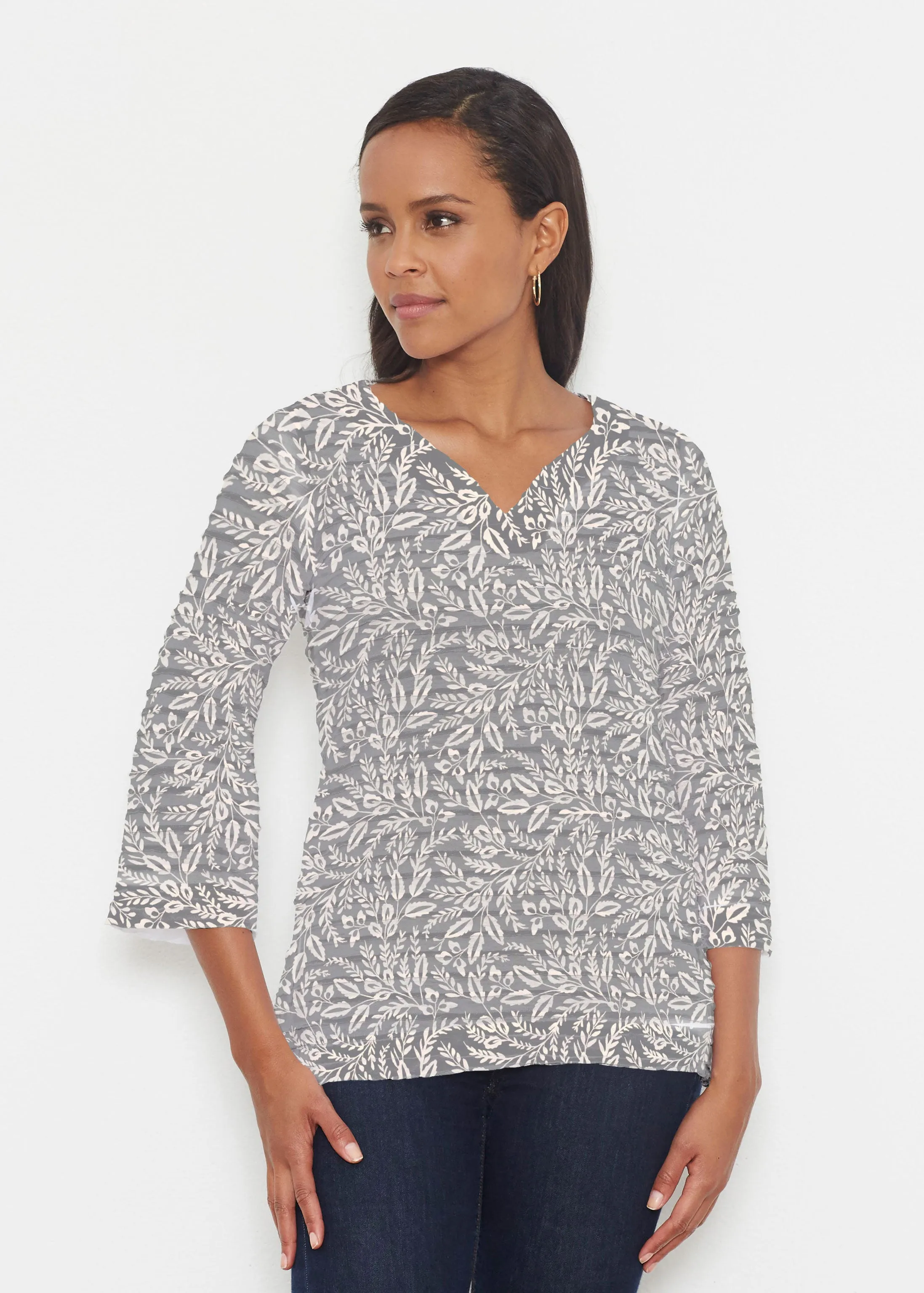 Chevron Vine (8017) ~ Banded 3/4 Bell-Sleeve V-Neck Tunic