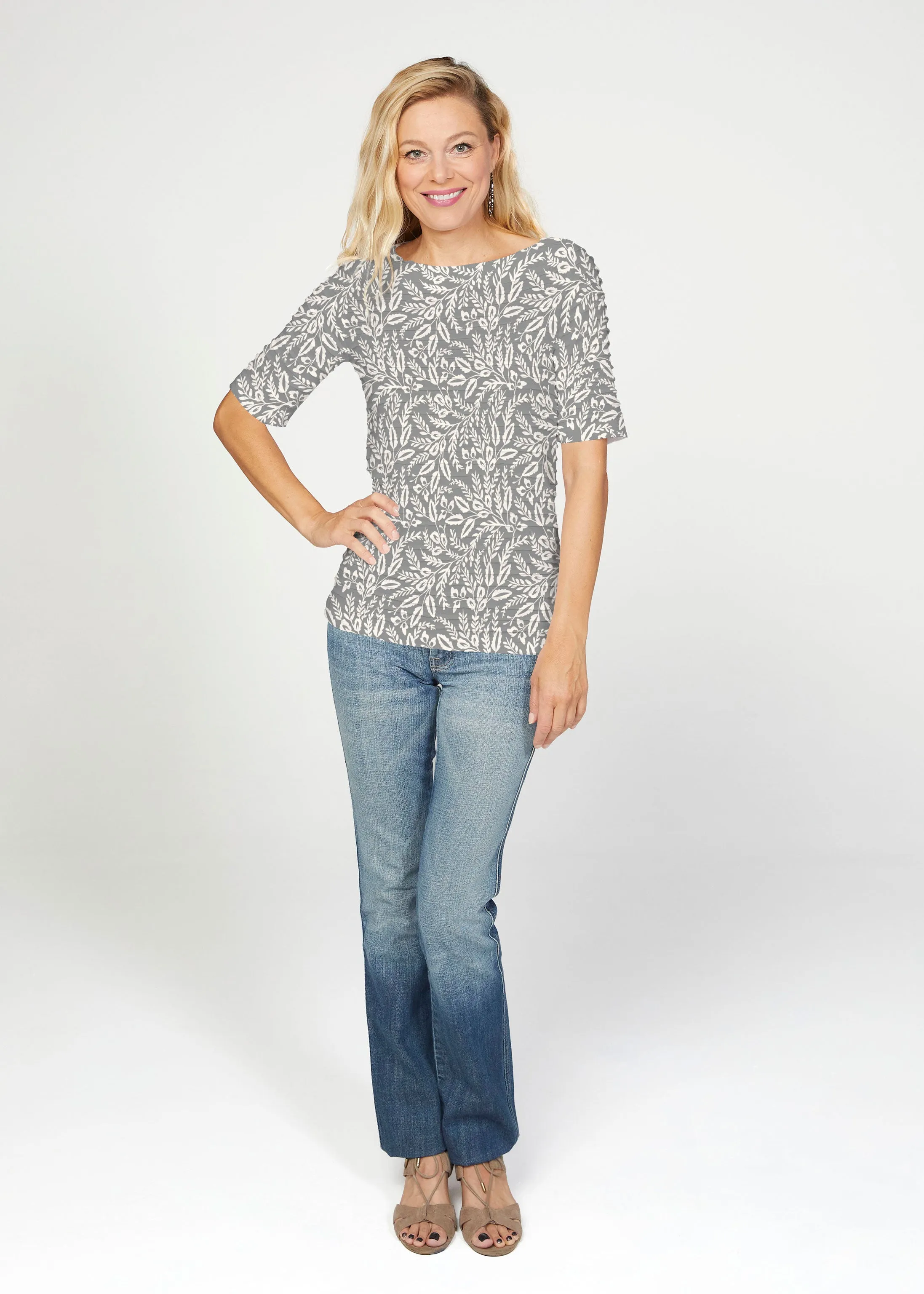 Chevron Vine (8017) ~ Banded Elbow Sleeve Boat Neck Top