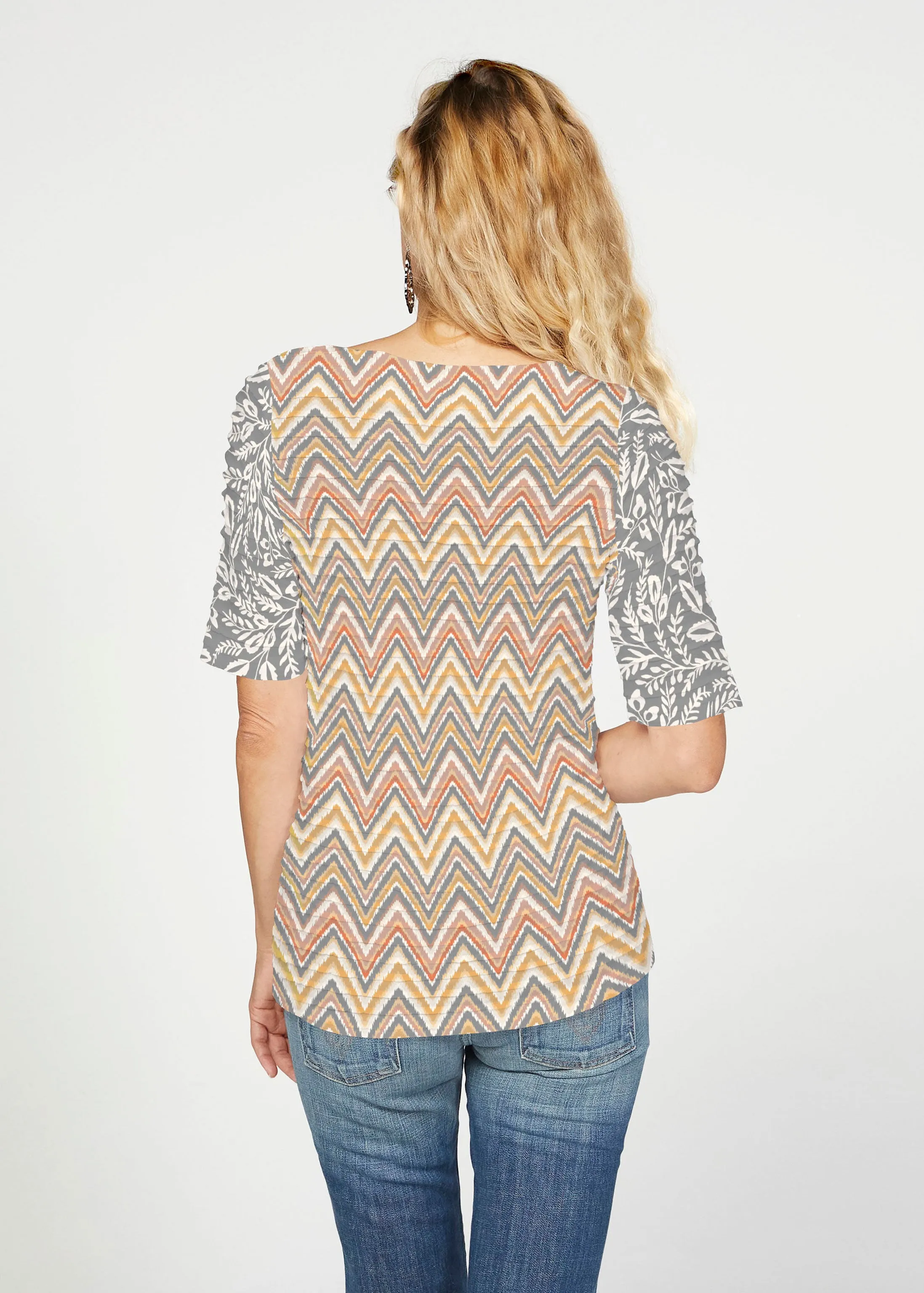 Chevron Vine (8017) ~ Banded Elbow Sleeve Boat Neck Top