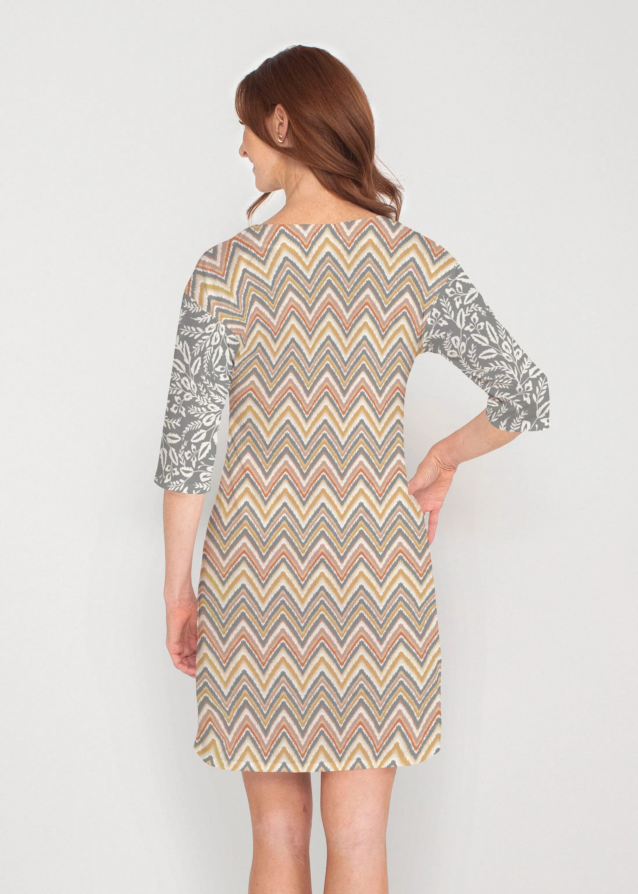 Chevron Vine (8017) ~ Drop Shoulder 3/4 Sleeve V-Neck Dress