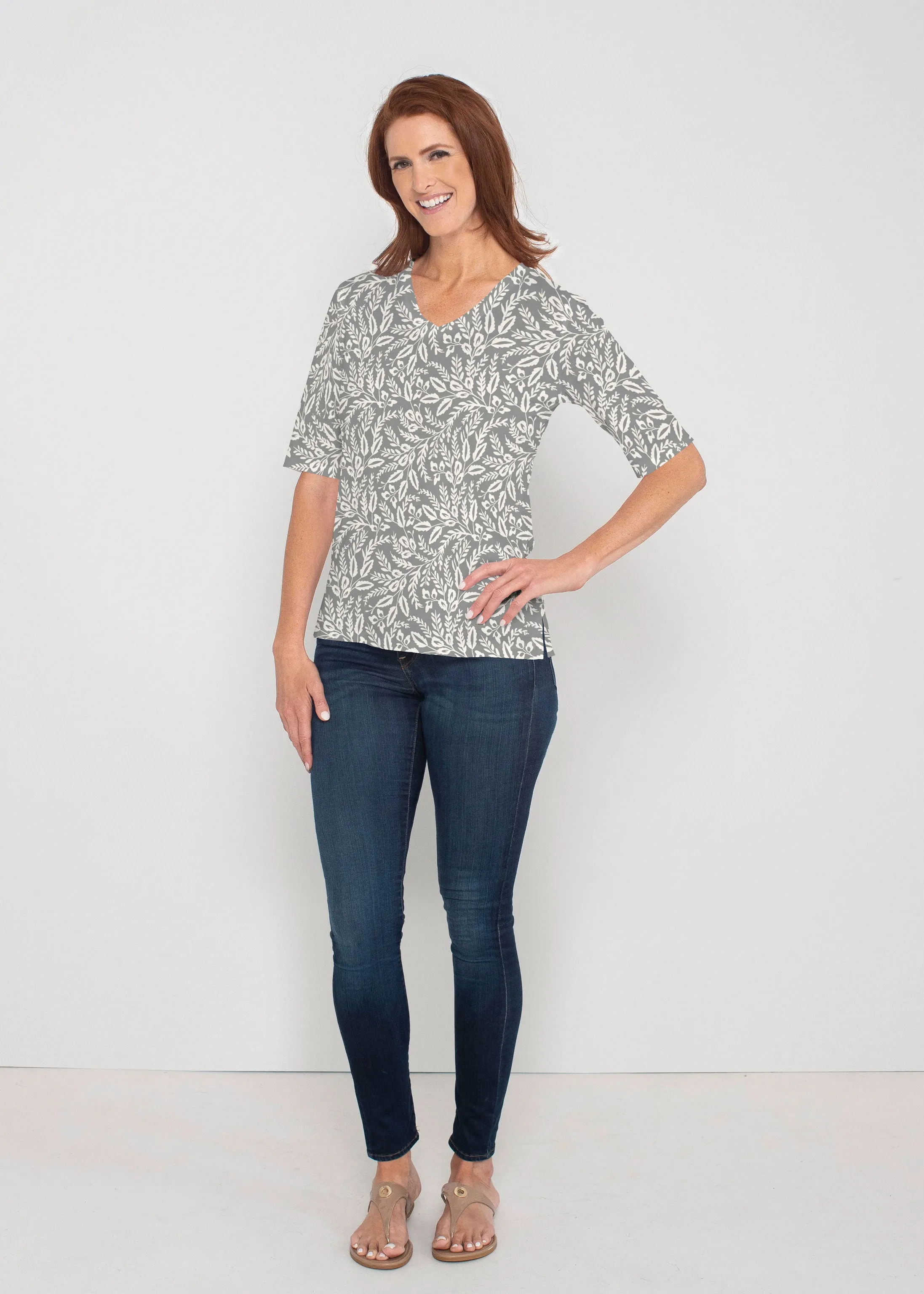 Chevron Vine (8017) ~ Signature Elbow Sleeve V-Neck Top