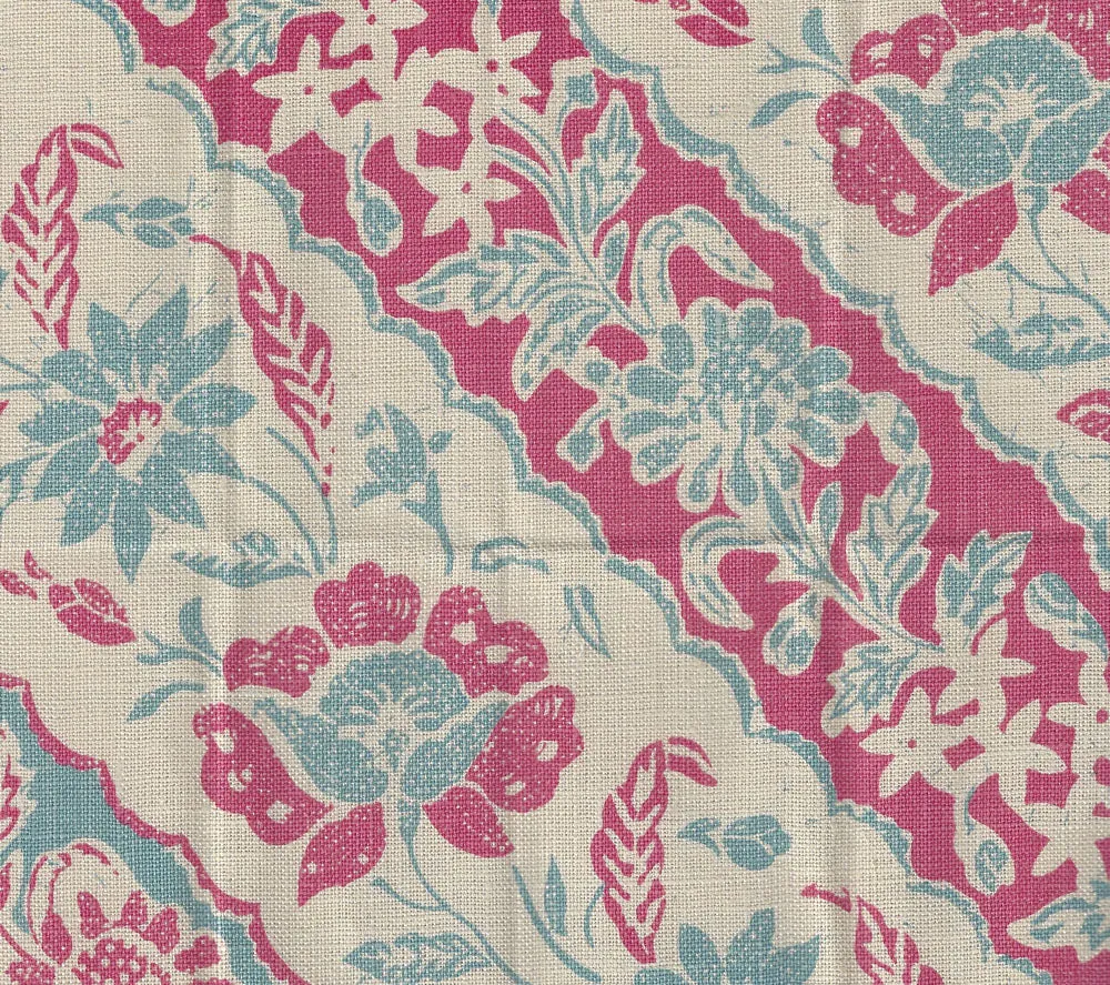 China Seas Fabric: Lim Diagonal - Custom Vapor / Magenta on Tan 100%  Linen