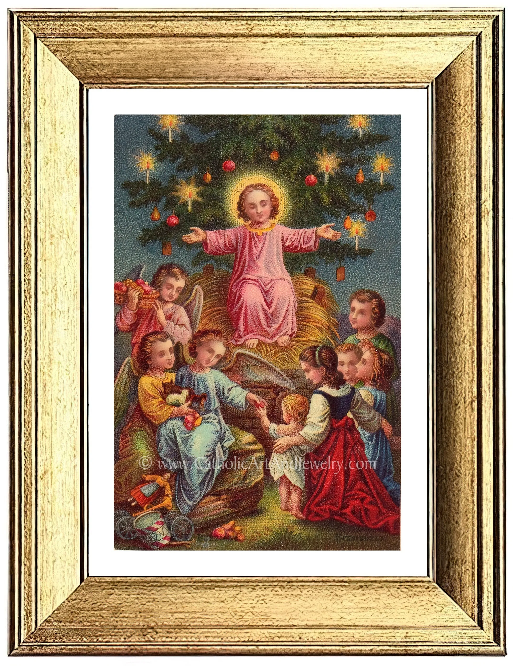 Christmas with Jesus – Victorian Christmas Print –Jesus in the Manager with the Christmas Tree – Based on a Vintage Holy Card