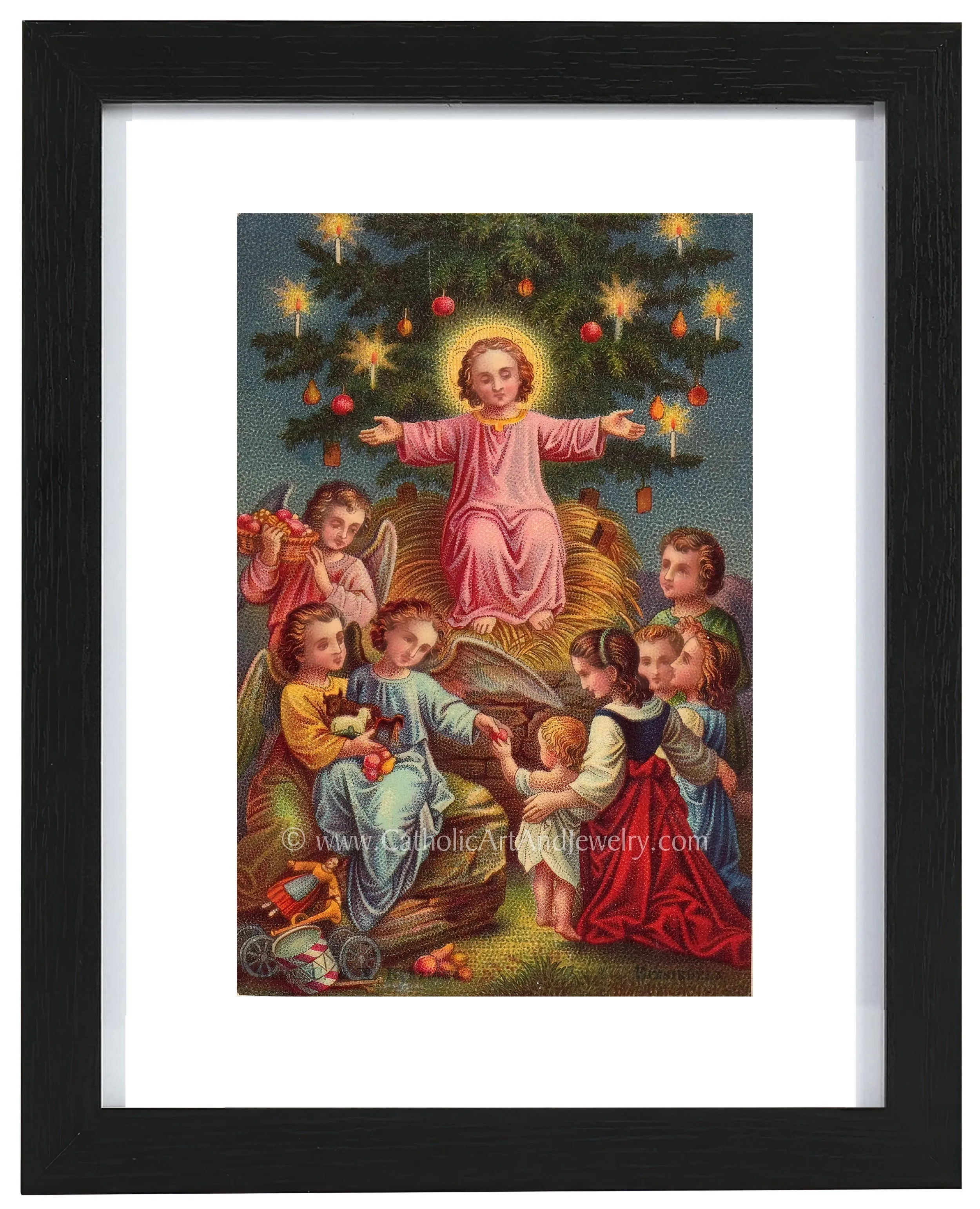 Christmas with Jesus – Victorian Christmas Print –Jesus in the Manager with the Christmas Tree – Based on a Vintage Holy Card
