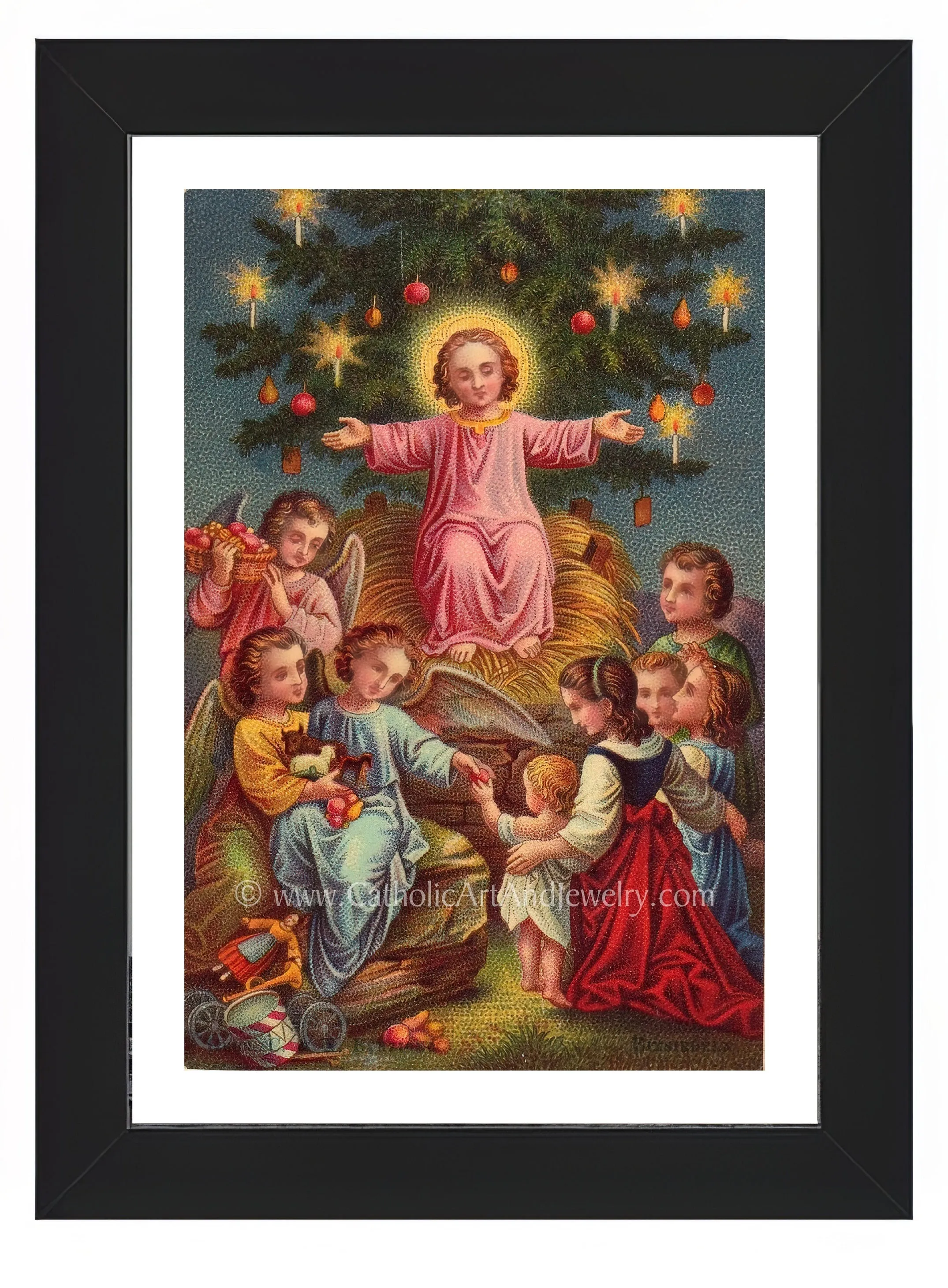 Christmas with Jesus – Victorian Christmas Print –Jesus in the Manager with the Christmas Tree – Based on a Vintage Holy Card