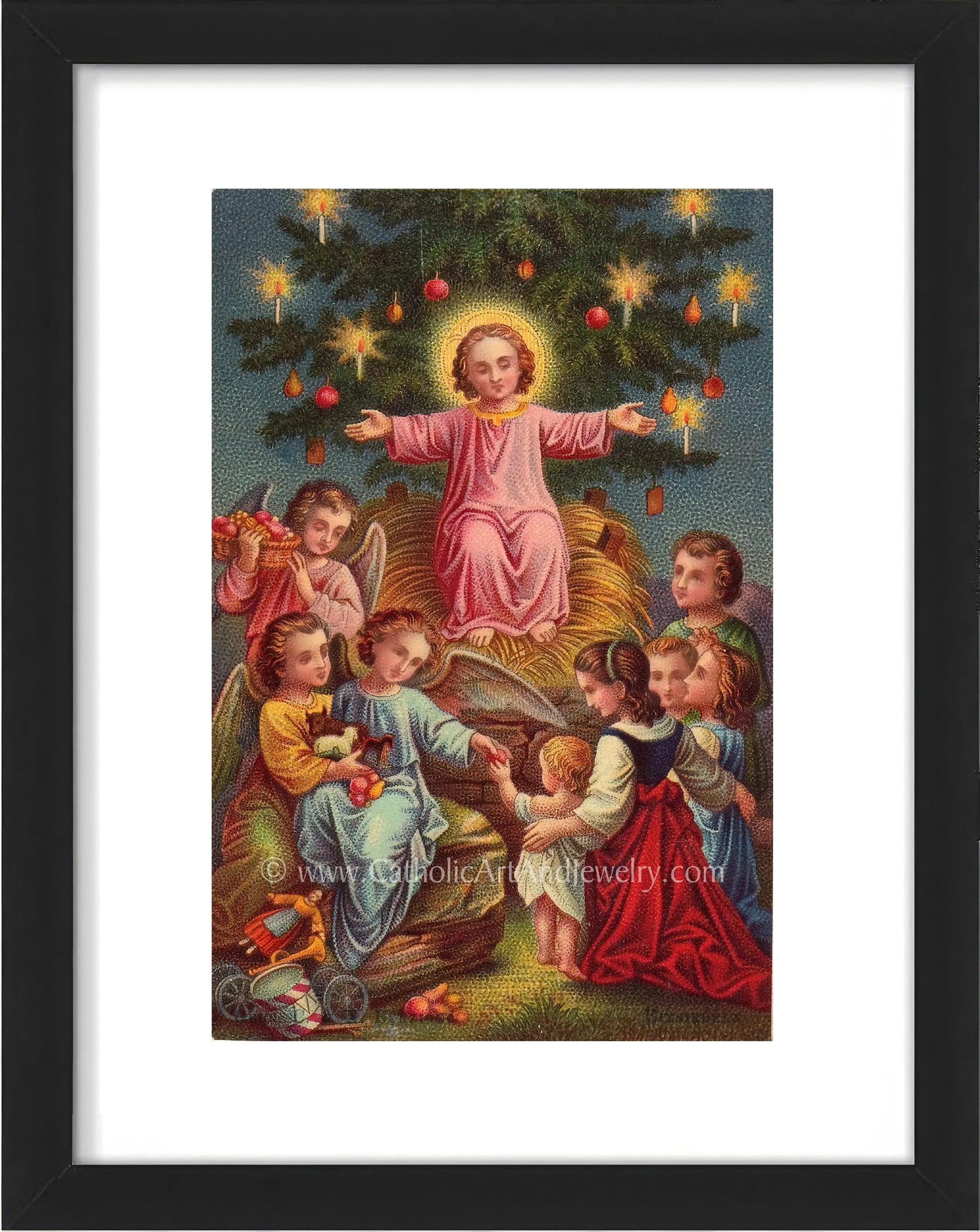 Christmas with Jesus – Victorian Christmas Print –Jesus in the Manager with the Christmas Tree – Based on a Vintage Holy Card