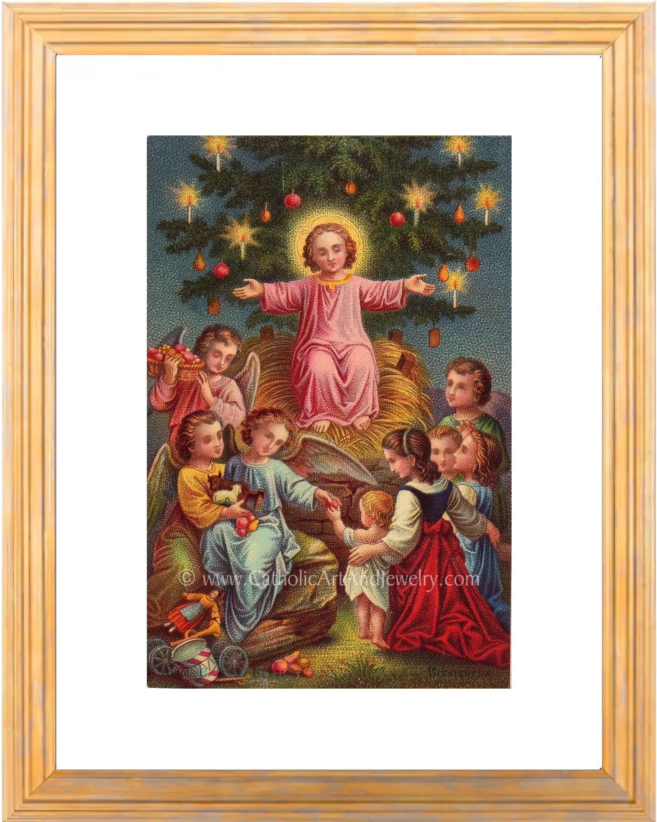 Christmas with Jesus – Victorian Christmas Print –Jesus in the Manager with the Christmas Tree – Based on a Vintage Holy Card