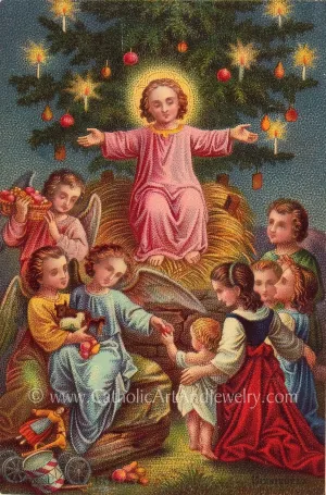 Christmas with Jesus – Victorian Christmas Print –Jesus in the Manager with the Christmas Tree – Based on a Vintage Holy Card