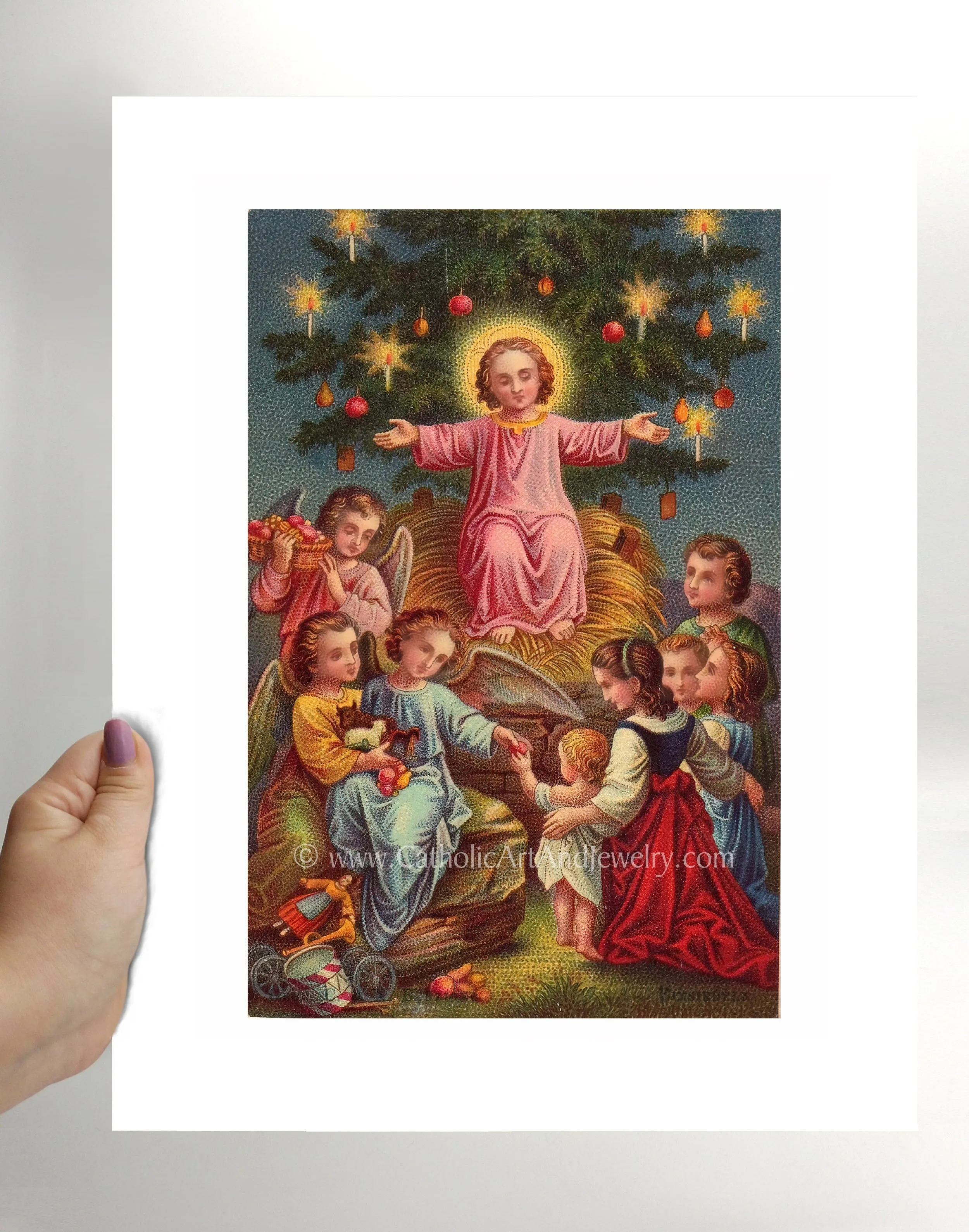Christmas with Jesus – Victorian Christmas Print –Jesus in the Manager with the Christmas Tree – Based on a Vintage Holy Card