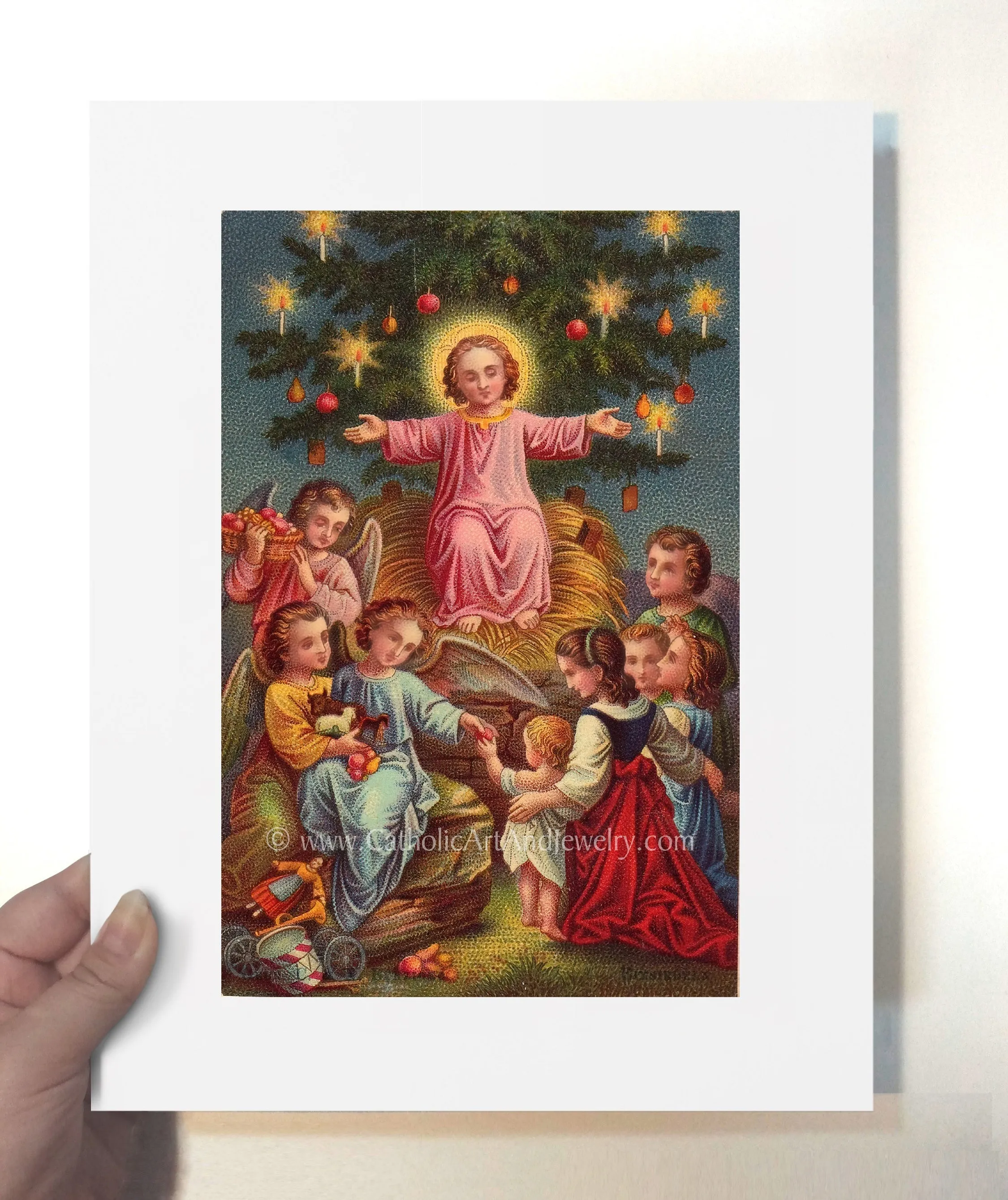 Christmas with Jesus – Victorian Christmas Print –Jesus in the Manager with the Christmas Tree – Based on a Vintage Holy Card