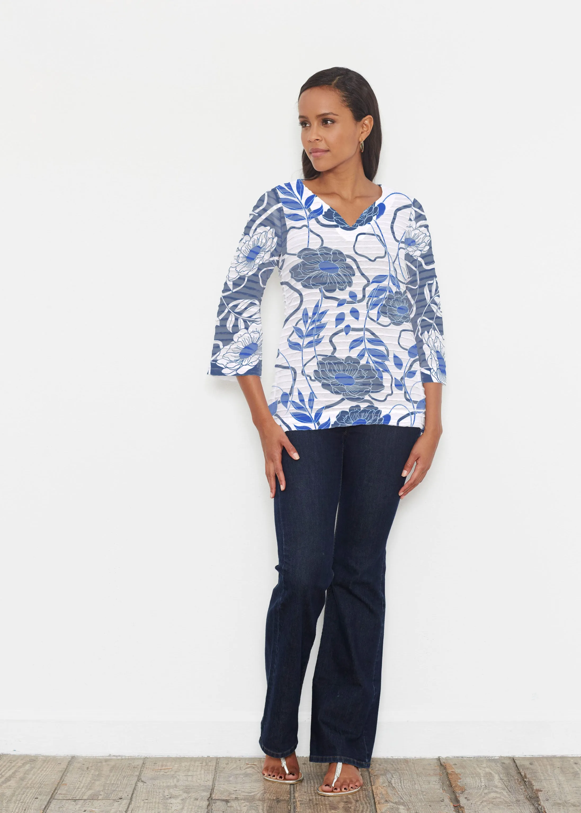 Clarrissa Navy (8138) ~ Banded 3/4 Bell-Sleeve V-Neck Tunic