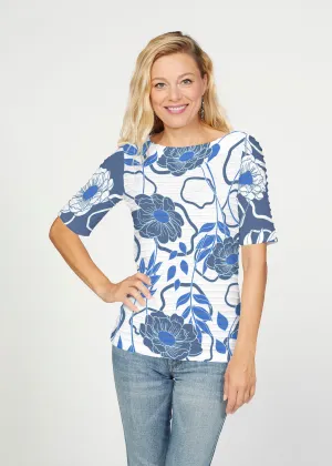 Clarrissa Navy (8138) ~ Banded Elbow Sleeve Boat Neck Top