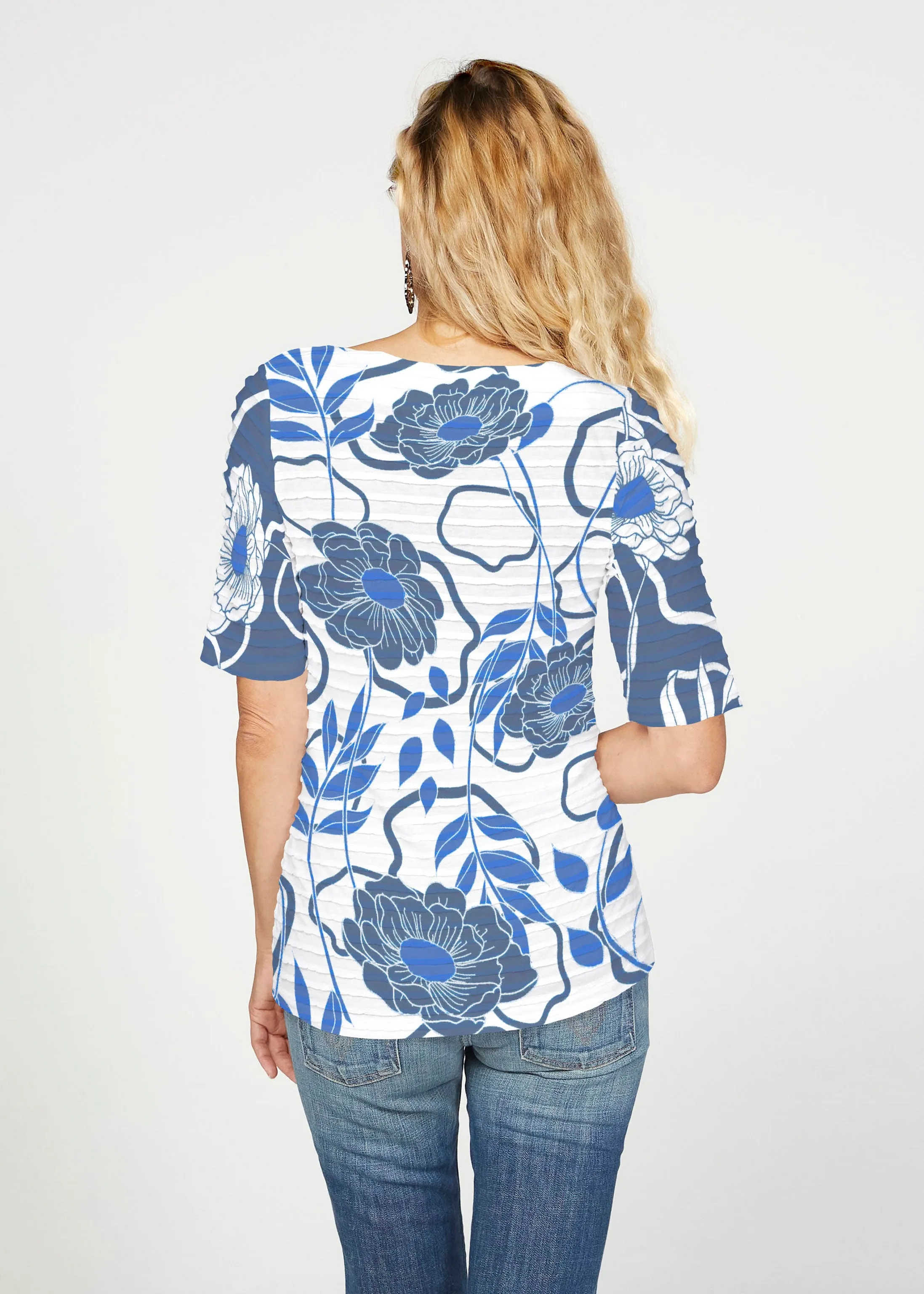 Clarrissa Navy (8138) ~ Banded Elbow Sleeve Boat Neck Top