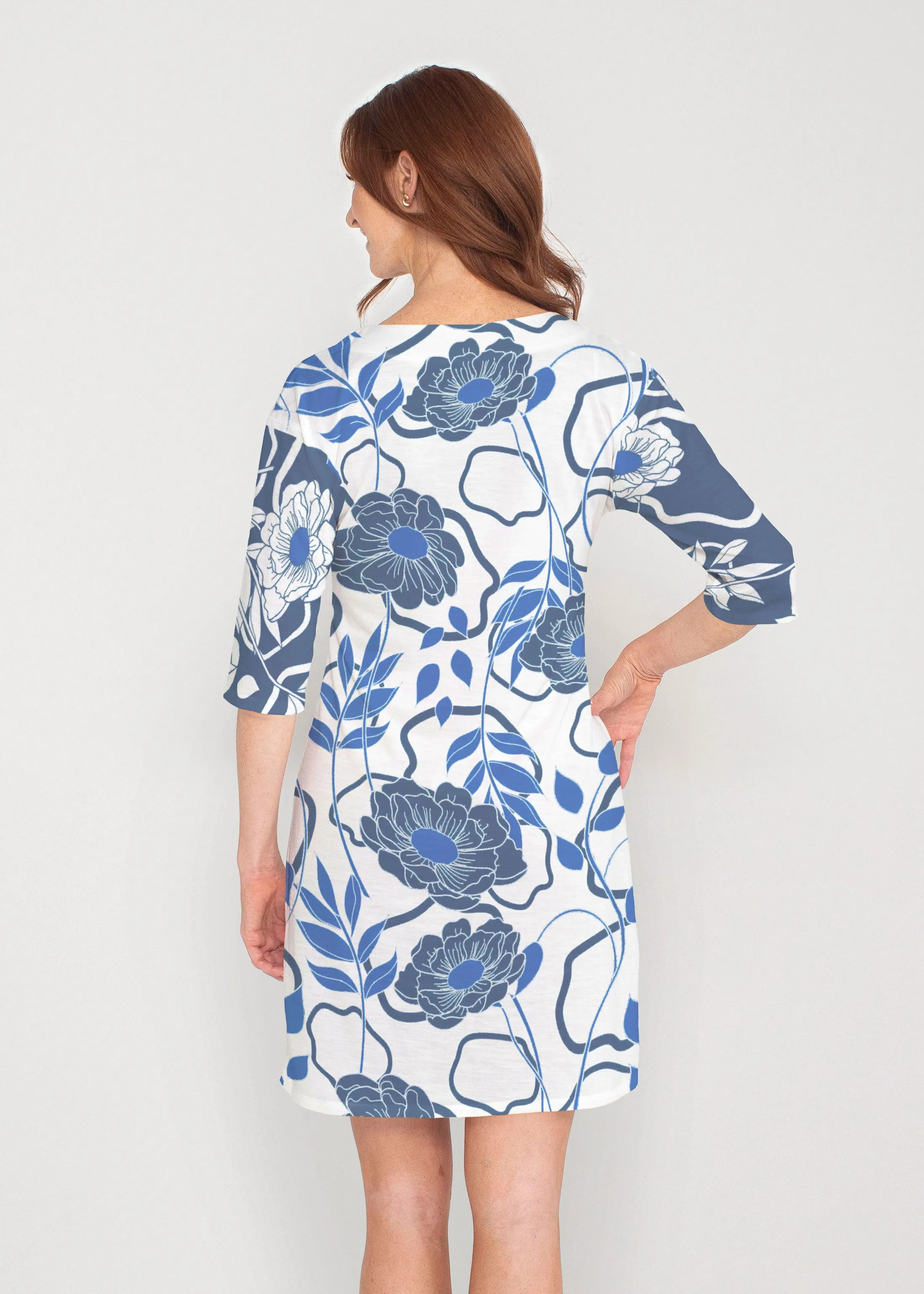 Clarrissa Navy (8138) ~ Drop Shoulder 3/4 Sleeve V-Neck Dress