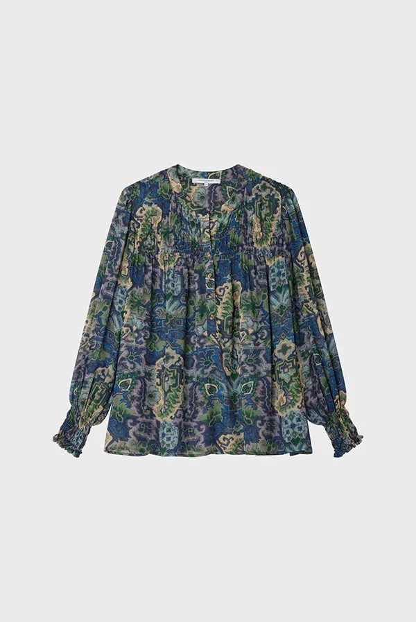 CLOTHILDE GREEN ETHNIC PRINT MUSLIN BLOUSE