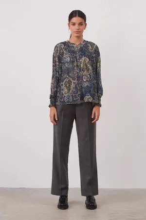 CLOTHILDE GREEN ETHNIC PRINT MUSLIN BLOUSE
