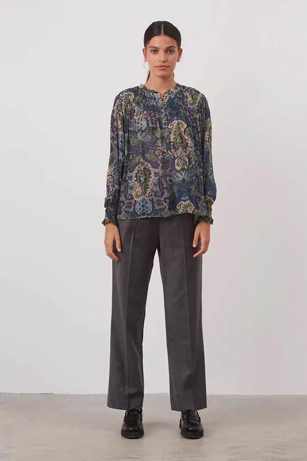 CLOTHILDE GREEN ETHNIC PRINT MUSLIN BLOUSE