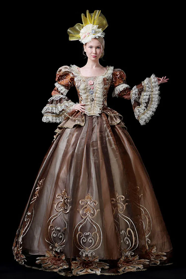 Coffee Multi-Layer Trumpet Sleeves High Waisted Three Dimensional Flower Embroidery Print Victorian Lolita Prom Dress