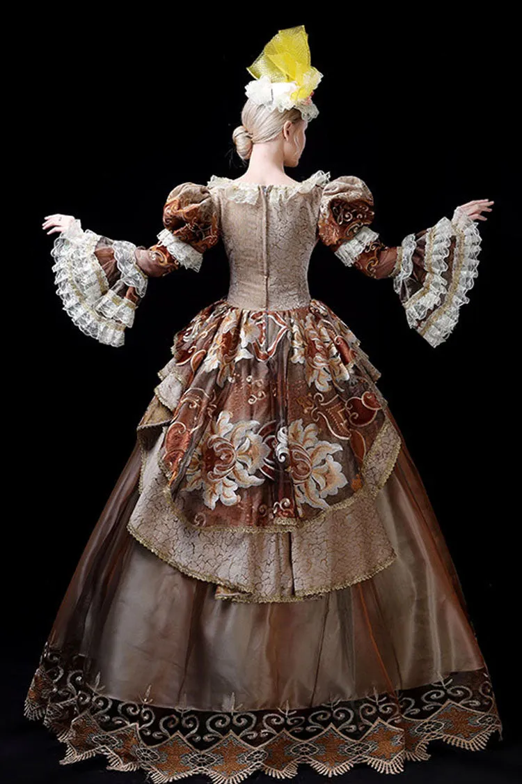 Coffee Multi-Layer Trumpet Sleeves High Waisted Three Dimensional Flower Embroidery Print Victorian Lolita Prom Dress