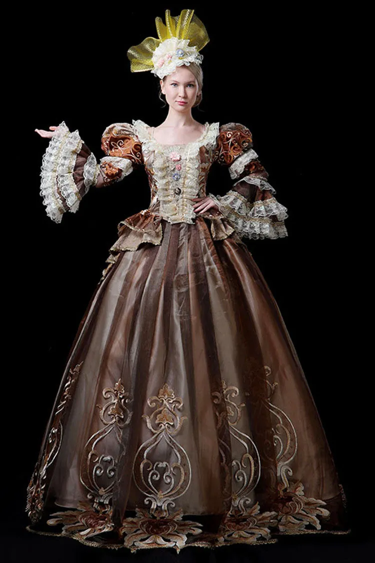 Coffee Multi-Layer Trumpet Sleeves High Waisted Three Dimensional Flower Embroidery Print Victorian Lolita Prom Dress